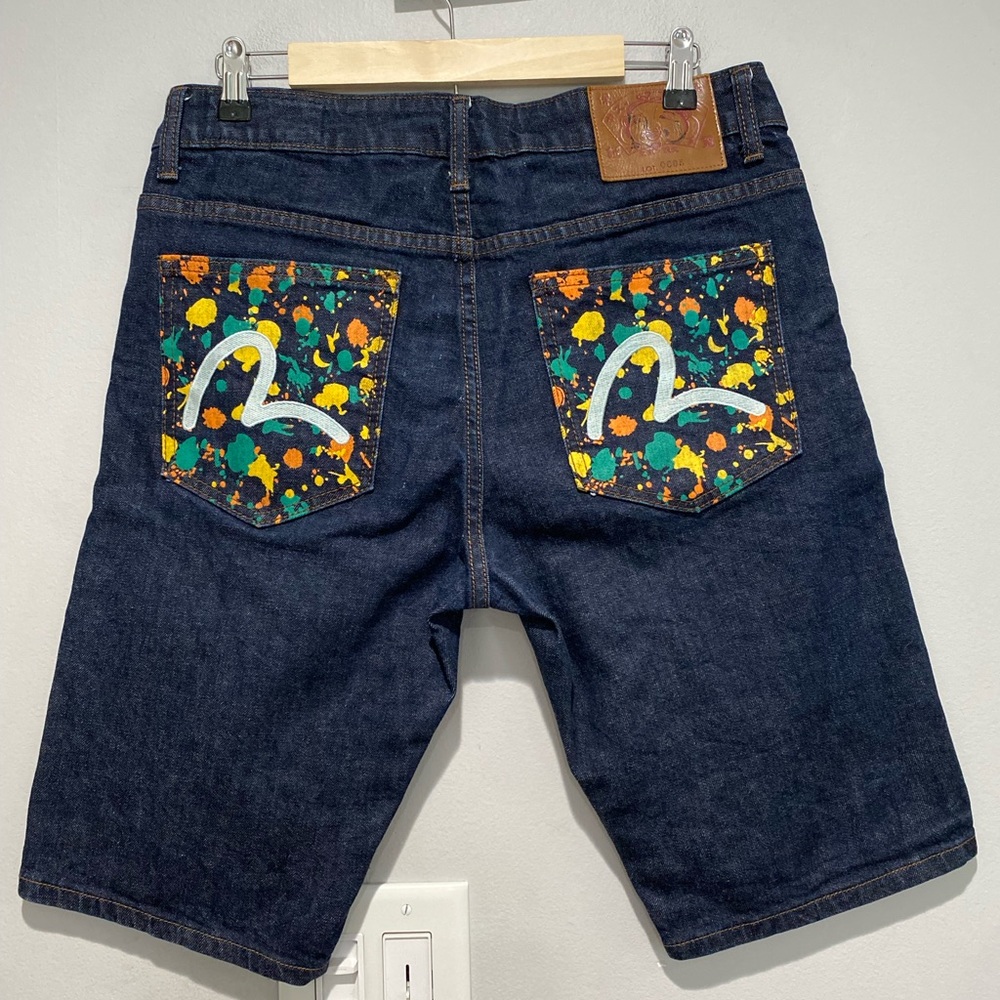Evisu Yamane Hand Painted Dark Denim Shorts Size 34